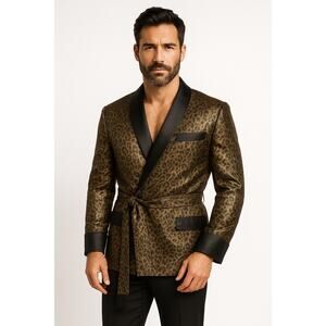 L.W. Wardy Leopard Jacquard Satin Smoking Jacket XS Made in USA